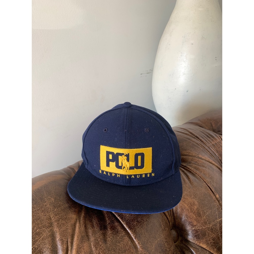 Polo Ralph Lauren Mens Navy Blue Yellow Box Logo Snapback Hat Flat Brim Cap